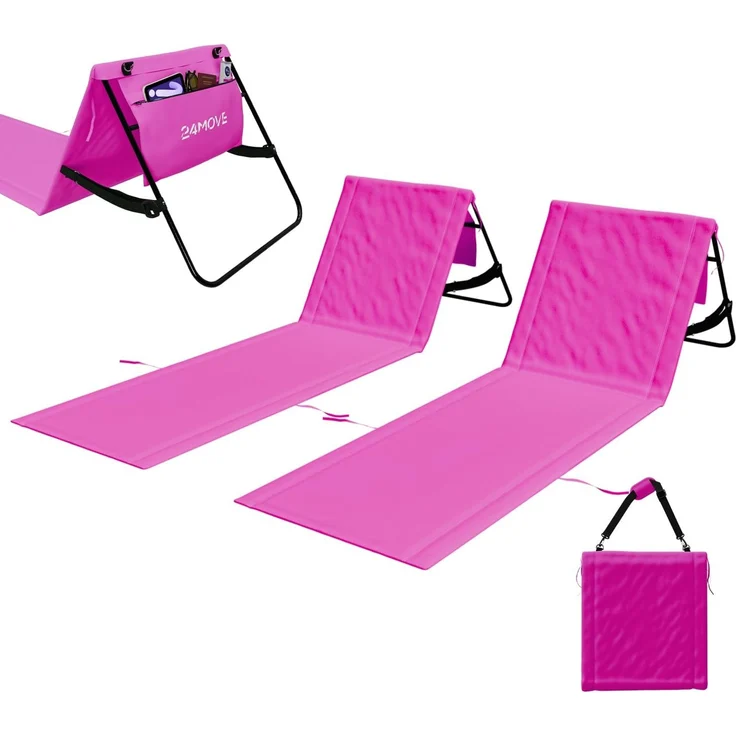 24MOVE Strandmatten Natal 2er Set mit Rückenlehne, rosa, 180 x 54 cm | 2 klappbare Strandliegen mit verstellbarer Rückenlehne, je 120 x 54 cm Liegefläche, Tragegurt und Reißverschlusstasche