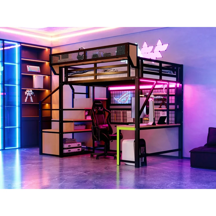 Merax Hochbett 140 × 200 cm, Kinderbett Jugendbett, Mit Schreibtisch, Regal und Aufbewahrungsnetz, Komplett Mit Sicherheitsleiter, LED-Beleuchtung und Steckdose, Erhöhtem Geländer, Schwarz – Bild 8
