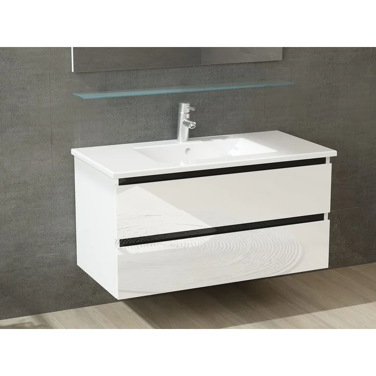 Homeline Badmöbel Set mit Schubladen Glas ablage (Dennis Weiss, 90 cm ohne Hochschrank) – Bild 3