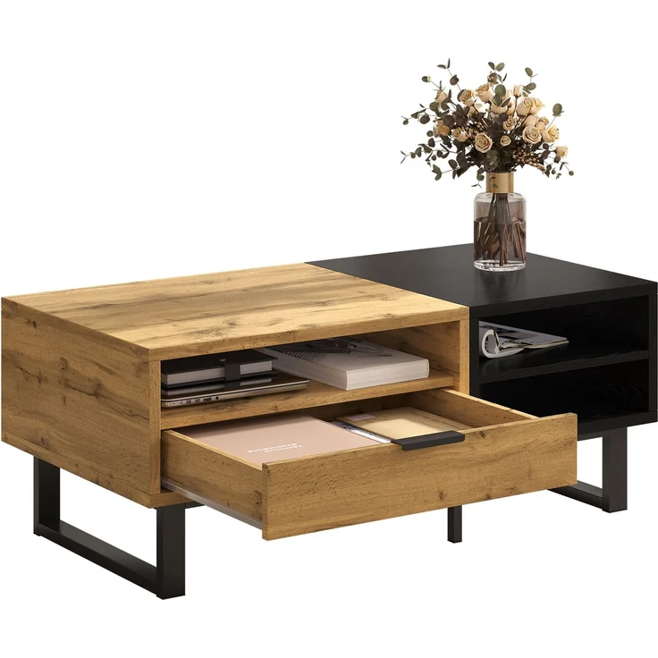 Couchtisch mit Schublade und 3 offenen Fächern, Wohnzimmertisch in Schwarz-Holz-Optik – Bild 8