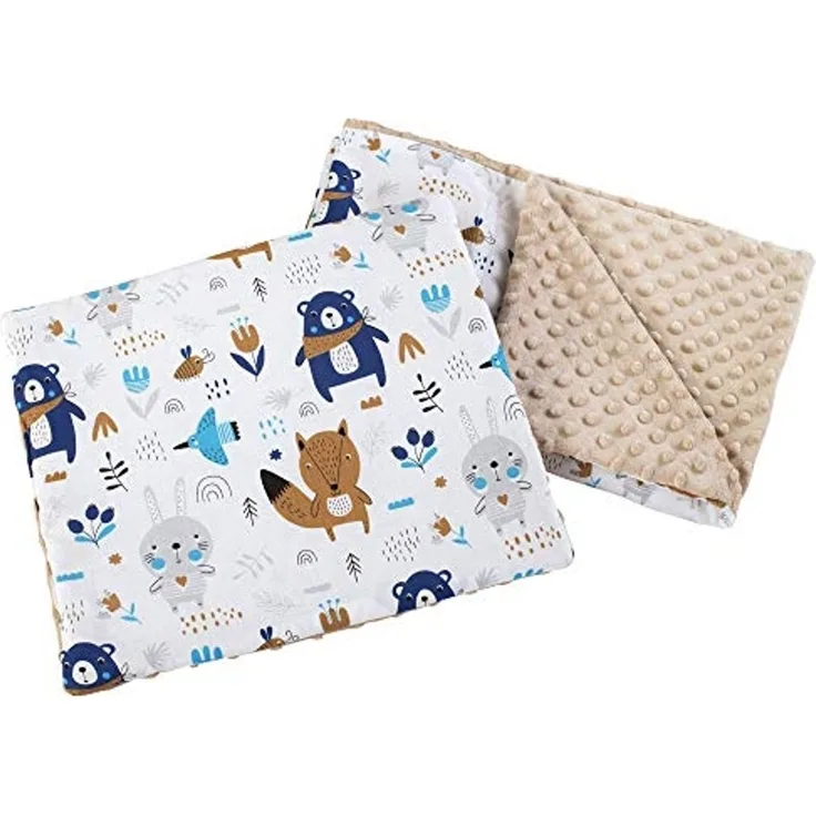Medi Partners Babydecke Krabbeldecke mit Kissen 100% Baumwolle Minky Kinderdecke 55x75 + 35x30 cm multifunktional für Kinderwagen Babyschale Wiege (Tiere im Wald mit beigem Minky)