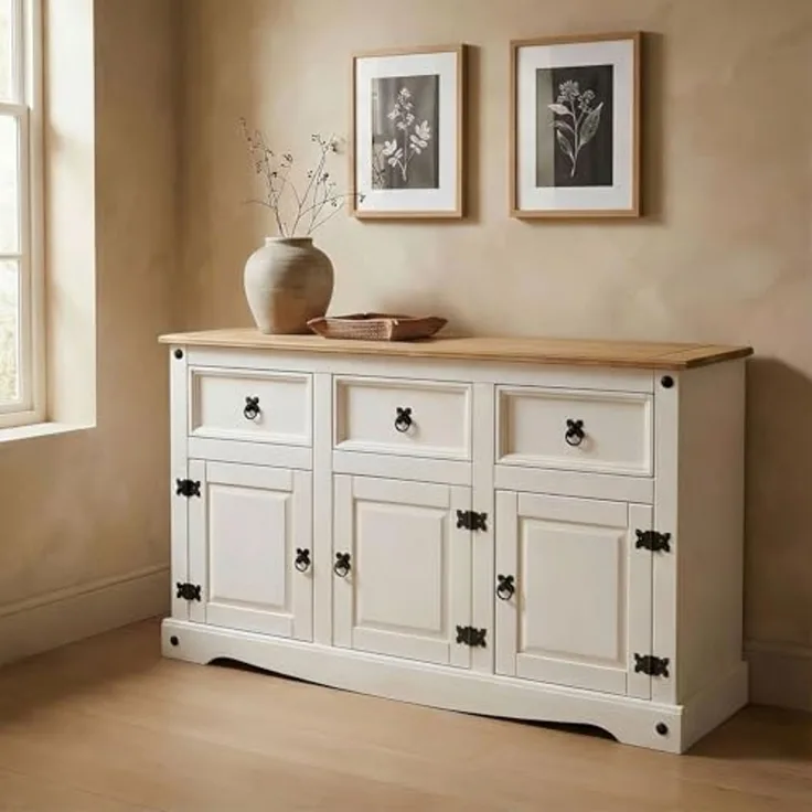Sideboard Campo im Mexiko Stil Kommode Kiefer massiv weiß mit 3 Schubladen und 3 Türen Buffetschrank Geschirrschrank