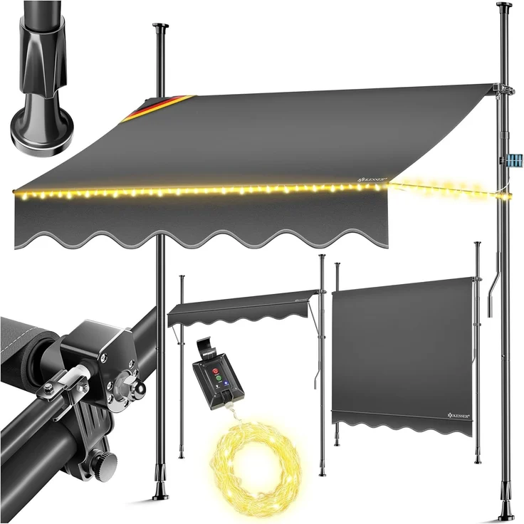KESSER® Klemmmarkise mit Handkurbel & LED Lichterkette | Balkonmarkise ohne Bohren | Markise UV-beständig höhenverstellbar & wasserabweisend | Sonnenschutz für Balkon Terrasse & Garten Anthrazit, 300cm