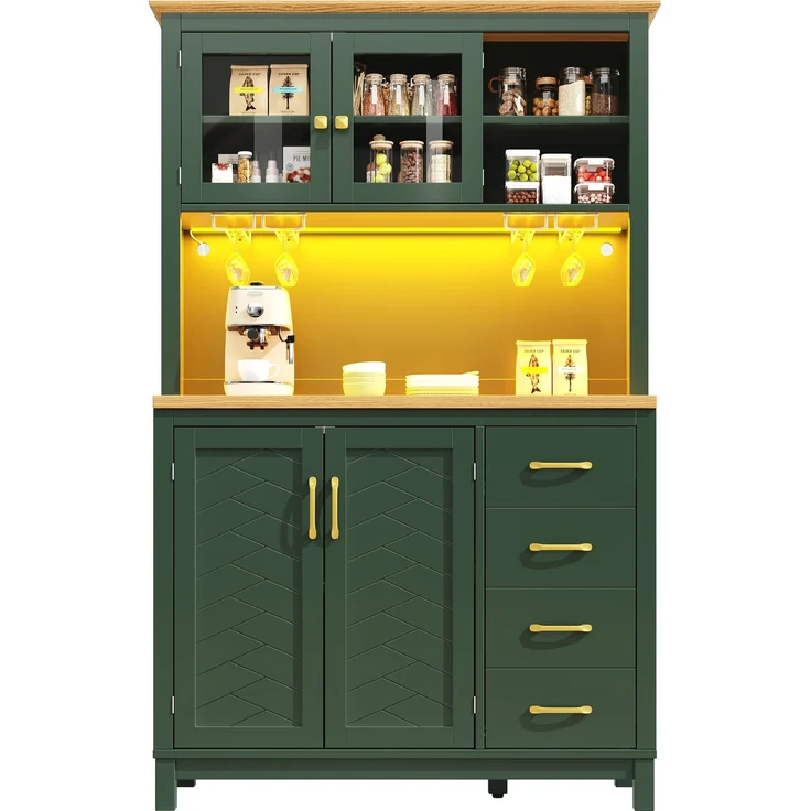 Seitenboard / Aufbewahrungsschrank / Küchenschrank / Buffetschrank, 105.5x40x180cm, Landhausstil, 4 Türen, mit LED-Lichtleiste & Getränkehaltern, Grün/Schwarz/Weiß--Grün--105.5x40x180cm--YOUDENOVA – Bild 8