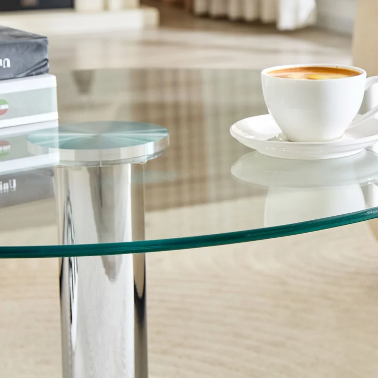 Runder Couchtisch aus Glas ca. 70 cm – Beistelltisch mit gehärteter Glasplatte & stabilem Metallgestell, moderner Wohnzimmertisch in Gold / Schwarz / Silber--Silber--70x70x45cm--YOUDENOVA – Bild 5