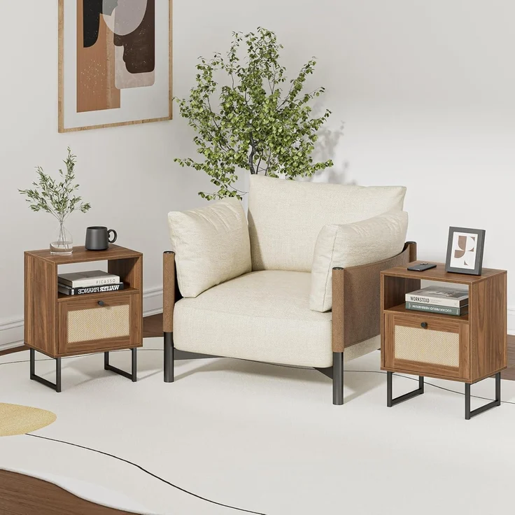 Boho Rattan Nachttisch mit Schublade und Regal, Goldrahmen, Braun – Bild 4