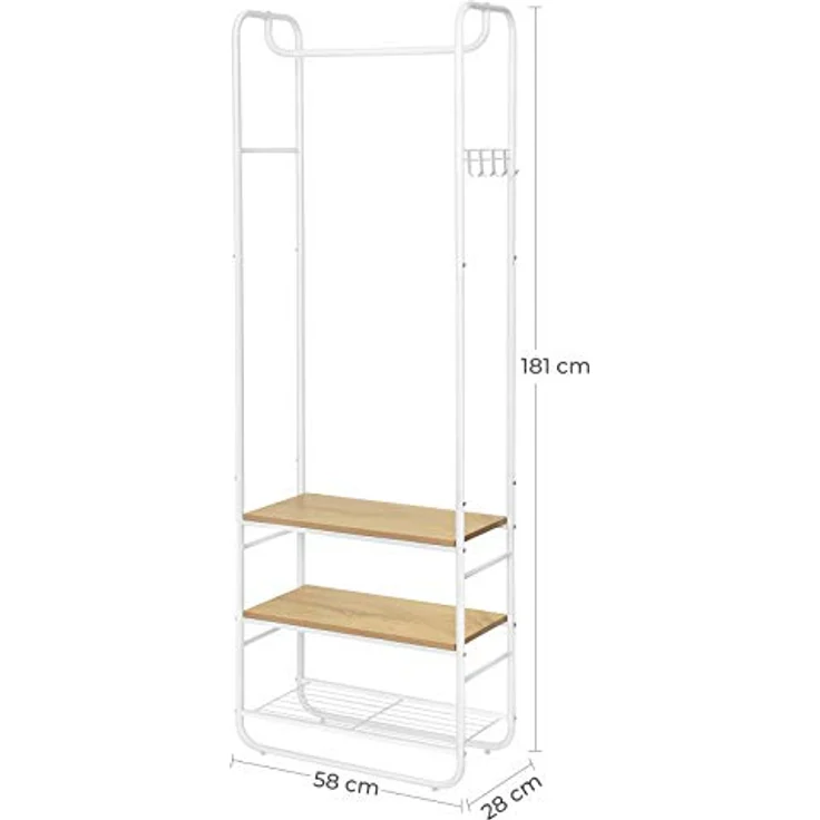 VASAGLE Garderobenständer, Garderobe, Kleiderständer, mit Schuhablage, Schuhregal, Flur, Schlafzimmer, 58 x 28 x 181 cm, skandinavisch, mattweiß-goldeichenfarben HSR81WN – Bild 8