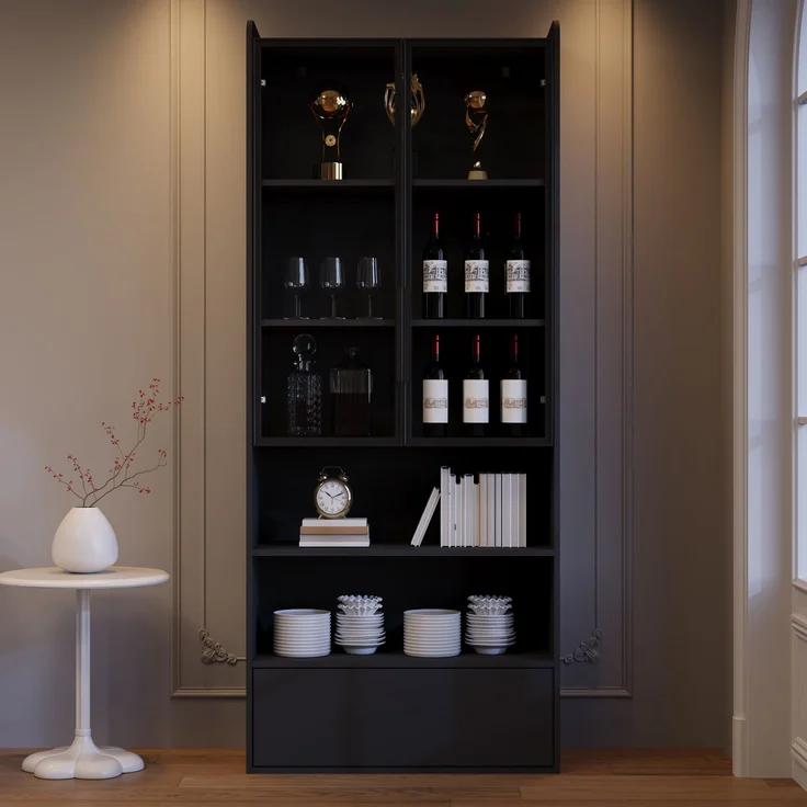 80*34*180cm Vitrine, Hochschrank mit 1 Schubladen und Glasschranktüren, Hochschrank Glasvitrine mit LED und Offene Partition, Standregal Schrank Vitrine,Wohnzimmerschrank mit Glastüren, Schwarz--Schwarz--80x34x180cm--YOUDENOVA – Bild 4
