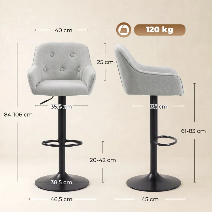 Barhocker, 2er-Set, Barstühle aus Chenille, höhenverstellbar, um 360° drehbar, mit Rückenlehne und Fußstütze, grau – Bild 5