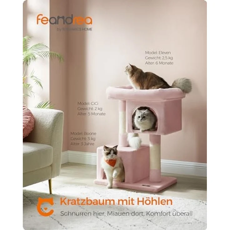 Feandrea Kratzbaum, 84 cm Katzenbaum, L, Katzenhaus für große Katzen bis zu 7 kg, große Plattform, 2 Katzenhöhlen, Sisalstämme, pastellrosa PCT061P01 – Bild 2