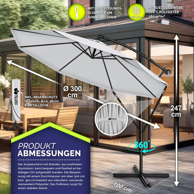 tillvex Sonnenschirm Ø 3m Ampelschirm Gartenschirm Marktschirm Kurbel Balkon Alu Neigbar Grau - Ø300cm – Bild 5