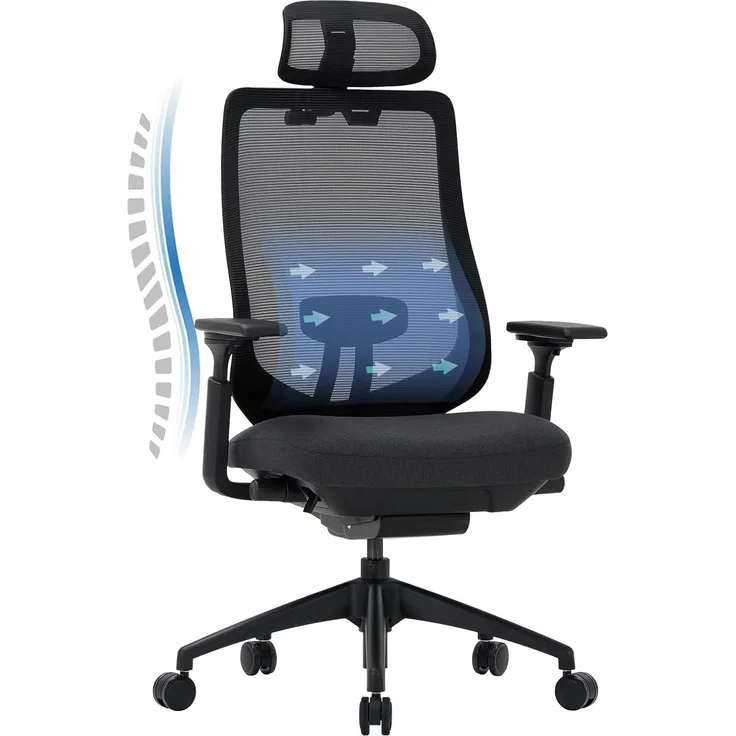 COLAMY XK01 Atlas Ergonomischer Bürostuhl, Netz-Chefsessel mit verstellbarem Kopfstütze, Computer Schreibtischstuhl Drehstuhl mit 4D-Armlehnen, Nylonbasis/Schiebesitz/Neigungssperre, Schwarz