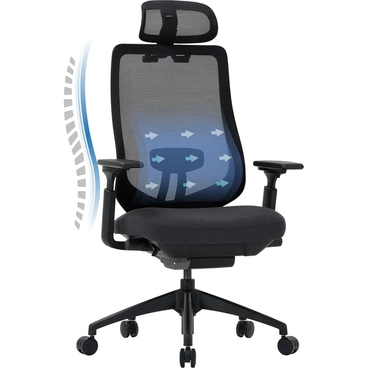 COLAMY XK01 Atlas Ergonomischer Bürostuhl, Netz-Chefsessel mit verstellbarem Kopfstütze, Computer Schreibtischstuhl Drehstuhl mit 4D-Armlehnen, Nylonbasis/Schiebesitz/Neigungssperre, Schwarz