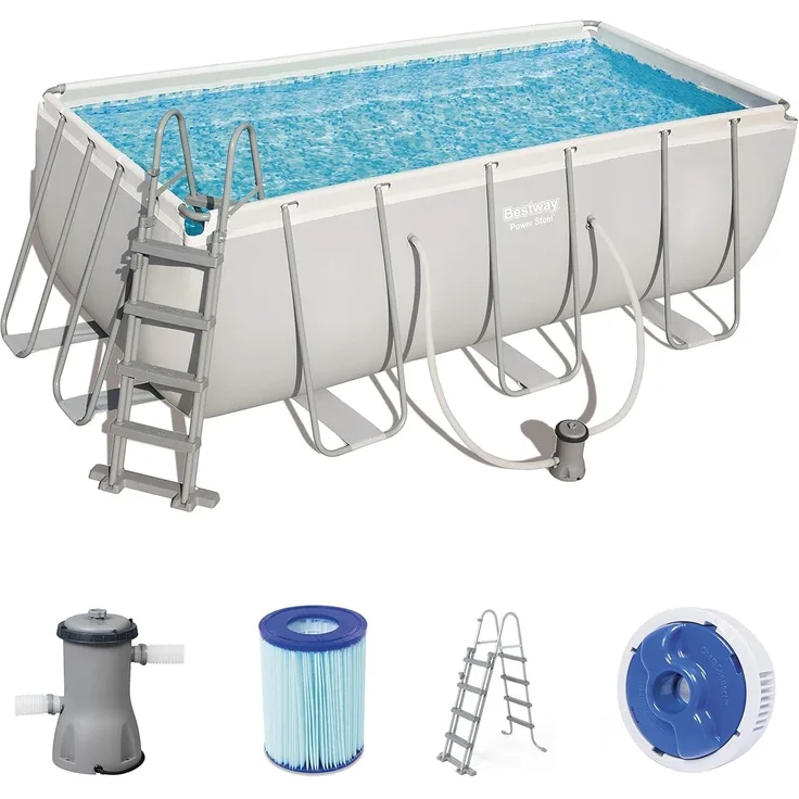 Bestway Power Steel 56456 8124 l Gerahmter Pool Leiter Blau Grau 74 kg