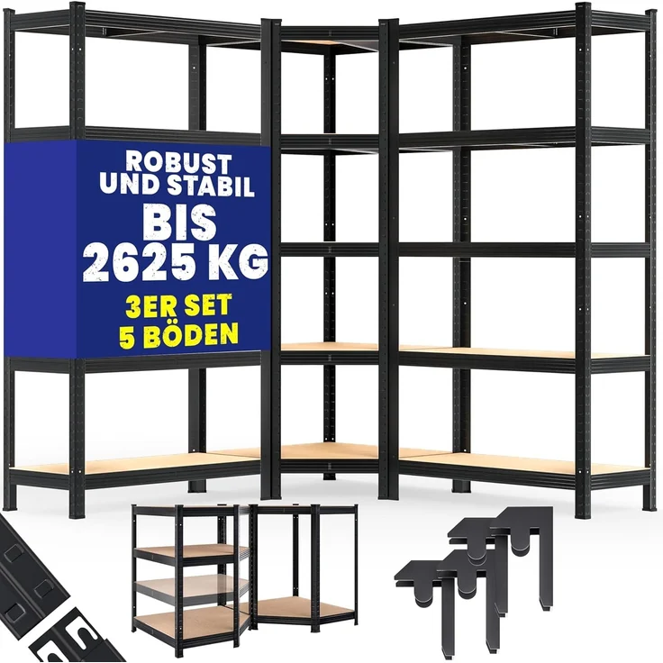 Monzana® 3er Set Schwerlastregal Eckregal 2625 kg 15 MDF-Platten Regal Lagerregal Kellerregal Steckregal Werkstattregal Regalsystem Schwarz – Bild 1