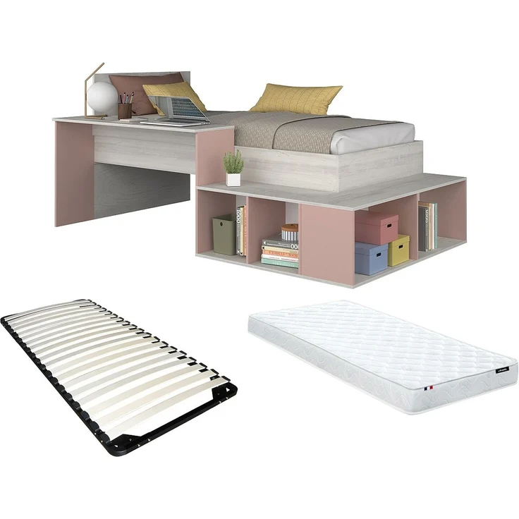 Vente-unique - Kombi-Bett 90 x 200 cm mit Stauraum & Schreibtisch + Lattenrost + Matratze - Holzfarben & Rosa - RIGALI – Bild 8