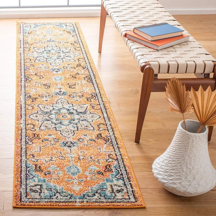 SAFAVIEH Boho Teppich für Wohnzimmer, Esszimmer, Schlafzimmer - Madison Collection, Kurzer Flor, Orange und Blaugrün, 76 X 183 cm