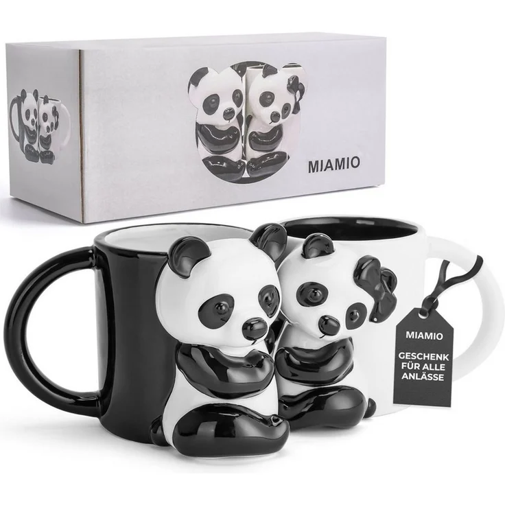MiaMio Tasse Panda 3D-Motiv, 400 ml, Schwarz-Weiß, 2-tlg, Keramik, 3D-Panda-Motiv, 400 ml, schwarz-weiß – Bild 1