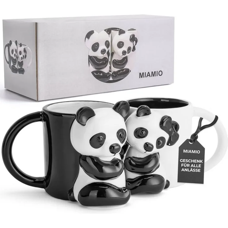MiaMio Tasse Panda 3D-Motiv, 400 ml, Schwarz-Weiß, 2-tlg, Keramik, 3D-Panda-Motiv, 400 ml, schwarz-weiß