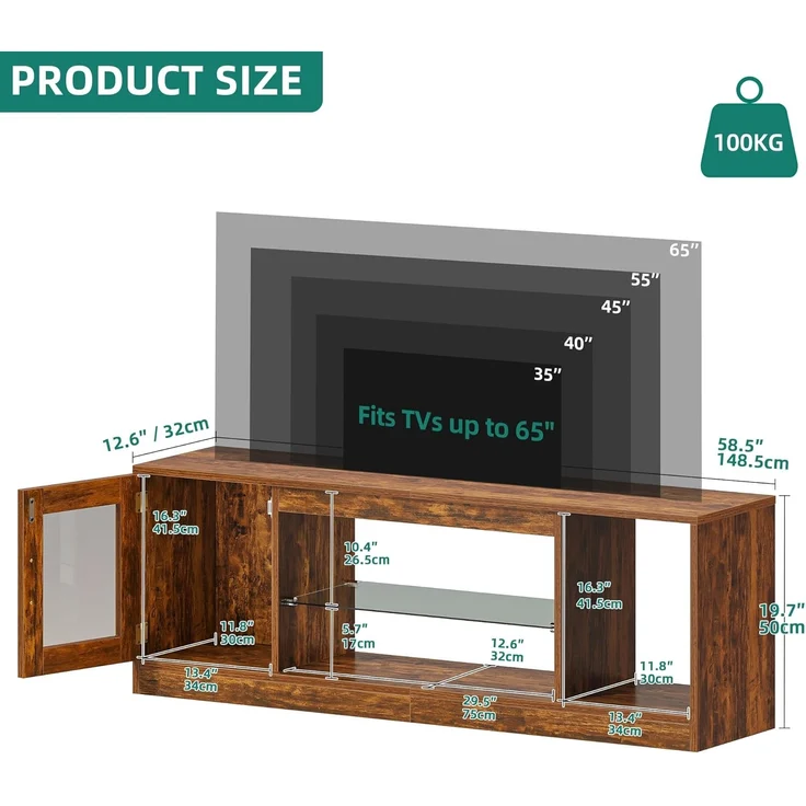 YITAHOME TV-meubel, Retro brandhout, 148 * 32 * 51cm, in hoogte verstelbare glazen Plank, 144cm RGB zevenkleurige lichtstrip, inclusief afstandsbediening met knoopbatterij – Bild 3
