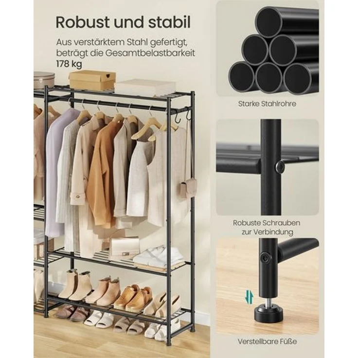 Garderobenständer mit Metallrahmen, offener Kleiderschrank, 10 Ablagen, 3 Kleiderstangen, schwarz – Bild 4