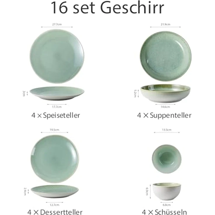 JIWOO Geschirr-Set 16er Kombiservice Teller-Set Tafelservice Schüssel-Set Speiseteller (16-tlg), 4 Personen, Keramik, Hochwertiges Geschirr set Grün Mikrowellen spülmaschinenfest – Bild 2