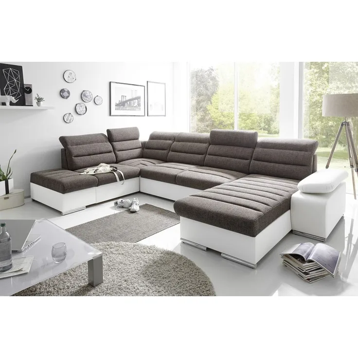 Couchgarnitur PASCARA U-Form mit Schlaffunktion-Weiss /Ottomane Rechts