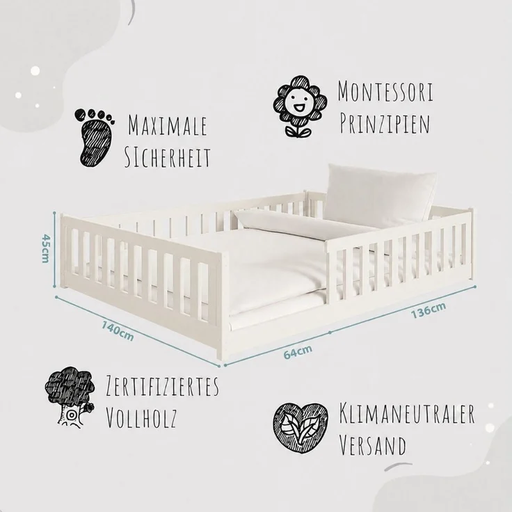 Kids Collective Kinderbett Bodenbett Bett mit Rausfallschutz & Lattenrost Montessori Bett Kinder (weitere Größen 80x160, 80x180, 90x190, 90x200, 120x200 cm), Gitterbett Jugendbett Einzelbett Baumwolle 140x200 cm – Bild 3