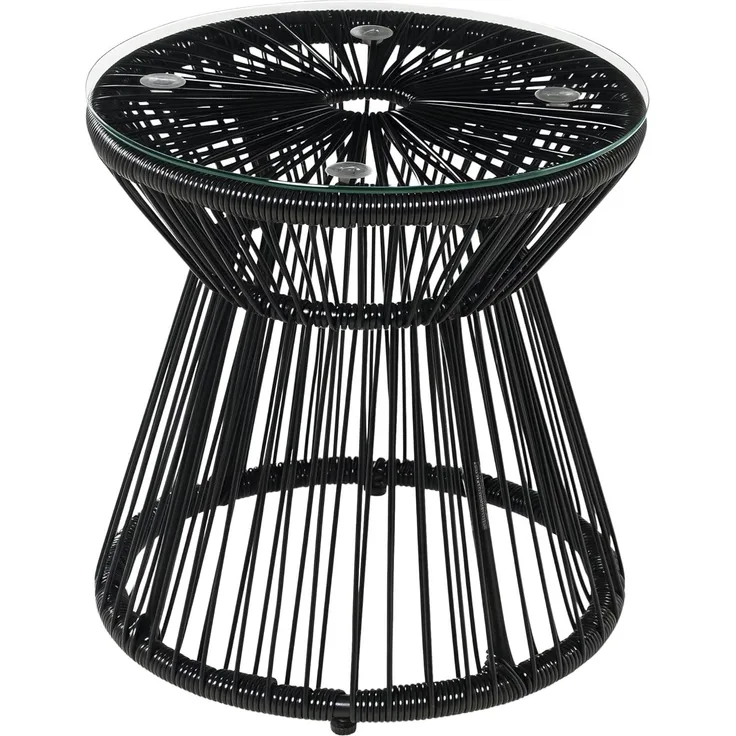 Outsunny Beistelltisch Runder Ratten Kaffeetisch, Bistrotisch mit Glastischplatte (Gartentisch, 1-St, Couchtisch), für Terrasse, Balkon, Metall, Schwarz