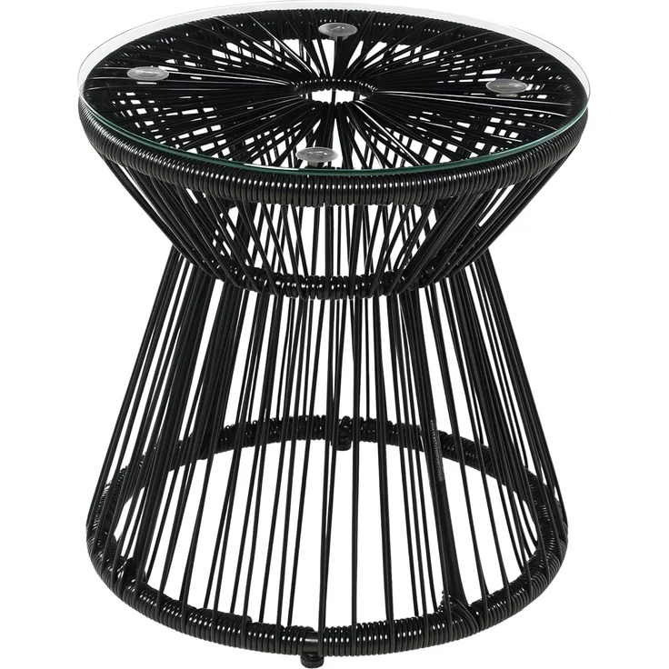 Outsunny Beistelltisch Runder Ratten Kaffeetisch, Bistrotisch mit Glastischplatte (Gartentisch, 1-St, Couchtisch), für Terrasse, Balkon, Metall, Schwarz – Bild 1