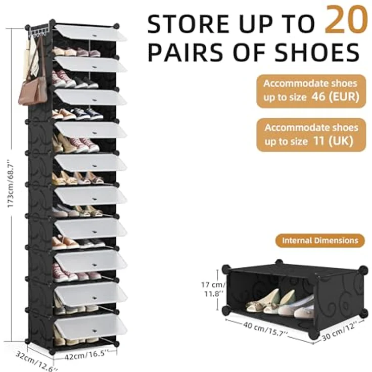 Mondeer Schuhregal, Kunststoff Schuhschrank, Modulares Schuhaufbewahrung mit Tür, Staub- und Wasserabweisend, Platzsparendes, 10 Fächer für Foyer, Schlafzimmer, Wohnzimmer, für 20 Paar Schuhe, Schwarz – Bild 4