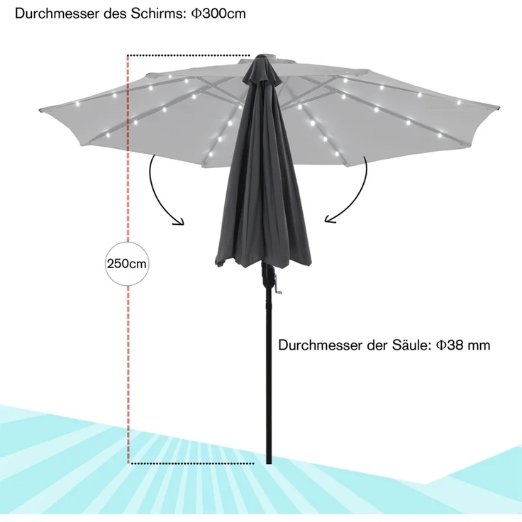 Sonnenschirm Marktschirm Ø3m LED grau Beleuchtung Strandschirm Gartenschirm UV – Bild 7