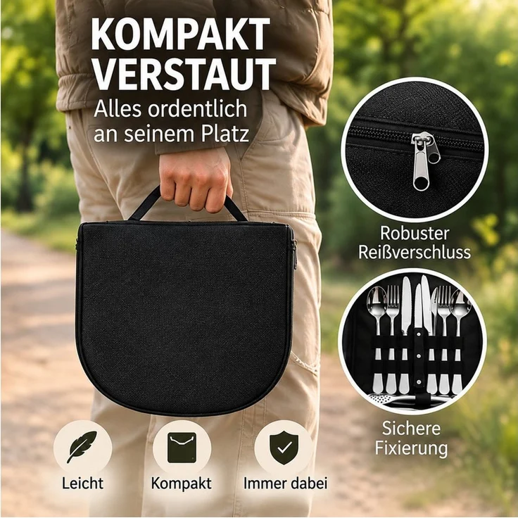 Toomoke Besteck-Set Campingbesteck für 2 Personen, Reisebesteck, Campinggeschirr, Edelstahl-Outdoorbesteck mit Tellern, Messer, Gabel, Löffel und Etui – Bild 4