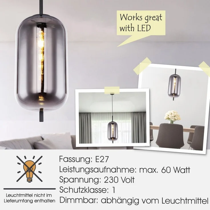 Hängelampe Esszimmer Hängeleuchte Wohnzimmer Rauchglas Pendelleuchte Küche – Bild 5
