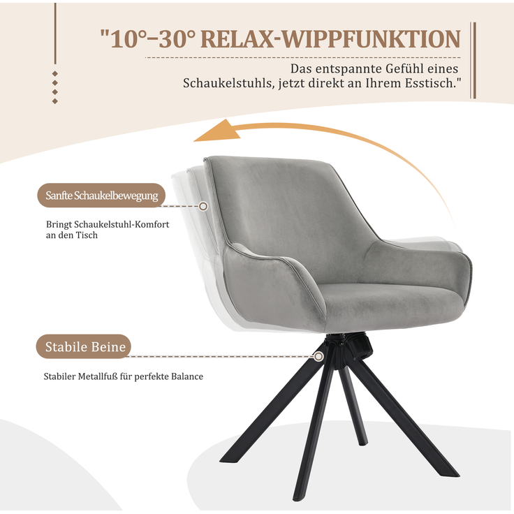 GOEURVANT 2178 Esszimmerstühle 6er-Set mit Armlehnen, 360° Drehbar, Wippfunktion, Samt - Hellgrau – Bild 9
