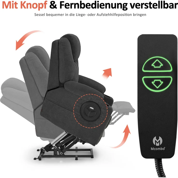M MCombo elektrisch Aufstehhilfe Fernsehsessel Relaxsessel 7040 Massage Heizung elektrisch verstellbar USB-Anschluss (Chenille, Grau) – Bild 4