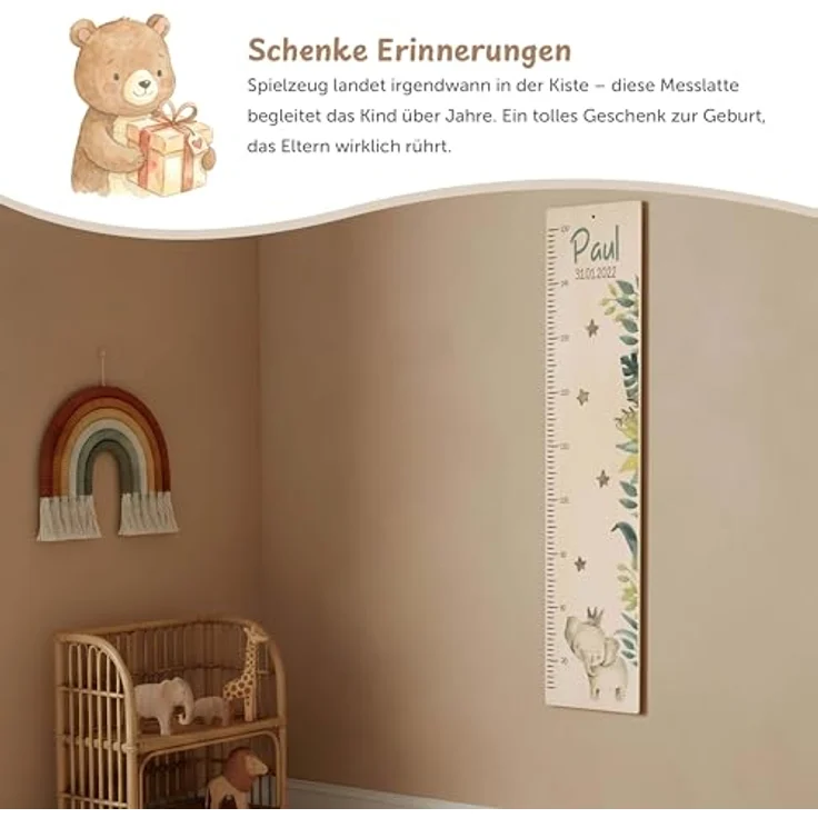 KIDSMOOD - Messlatte Kinder Holz personalisiert Mit Namen für Baby- & Kleinkinderzimmer - Messlatte als Kinderzimmer Wand-Dekoration & Weihnachtsgeschenke Kinder & Babys zum Geburt - Skala 70-140cm – Bild 6