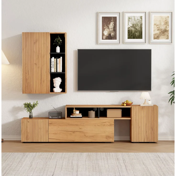 TV Wohnwand-set mit Vitrine (Komplett-Set, 2-St),Mediawand inkl. TV-Board -set und Standregal,TV Wohnzimmermöbel-Set,flexible Länge TV-Schrank bis 265 cm,stehend&hängend,TV bis 120',Holzfarbe+Schwarz--Eiche--100.69x62.23x15.75cm--YOUDENOVA – Bild 1