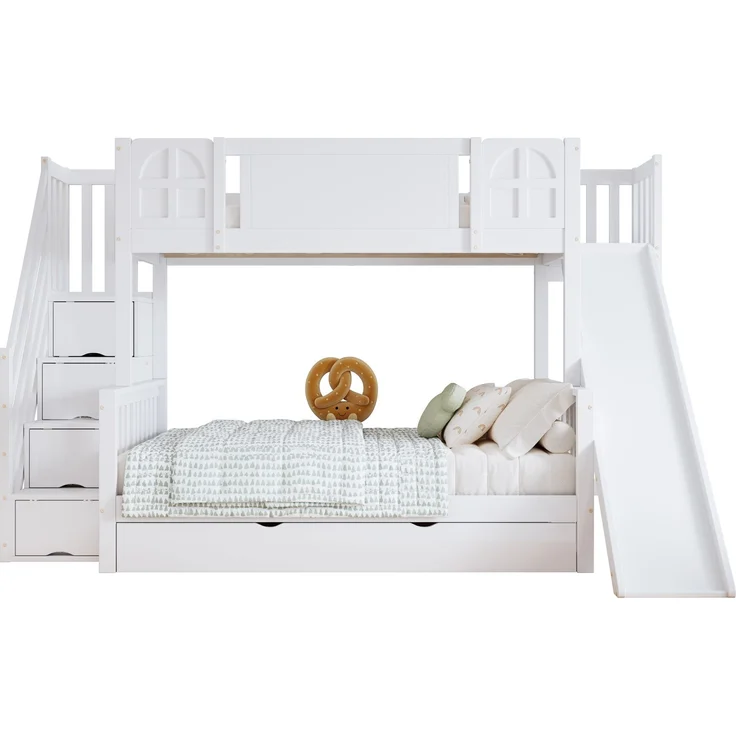 Merax 90x200cm Etagenbett, Kinderbett Mit Fenster, Mit Kinderrutsche, Schubladen mit Rollen, Treppen mit Handlauf, Mit 4 Schließfächer in der Treppe, Weiß – Bild 10