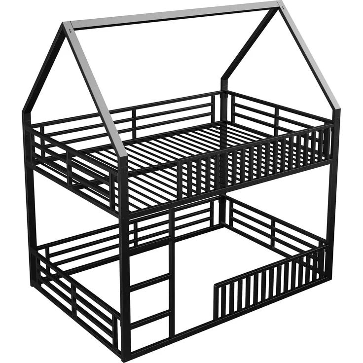 U-life Haus-Etagenbett 140x200 cm mit Sicherheitszaun, LED-Beleuchtung und 2 Lattenrosten, Schwarz – Bild 2