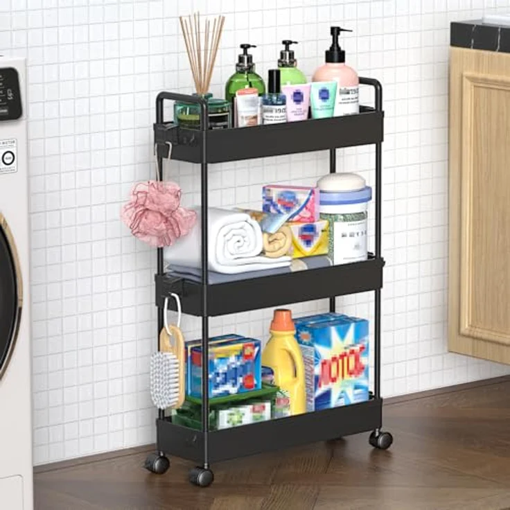 SOLEJAZZ Rollwagen, Küchenwagen mit 3 Ebenen, Schmale Rollwagen Nischenregal auf Rollen für Küche, Bad, Waschküche, Schlafzimmer, schmale Plätze, Kunststoff,mit Griffen, 13 x 40 x 61 cm,Schwarz – Bild 2