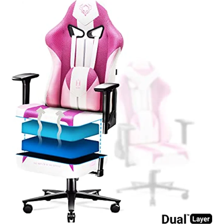 Diablo X-Player Gaming Stuhl Bürostuhl Schreibtischstuhl Stoff 3D Armlehnen Ergonomisches Design Nacken/- Lendenkissen Marshmallow Pink Normal (L) – Bild 10