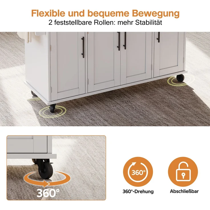 120×45cm,mobile Kücheninsel,Küchenwagen,ausziehbare Arbeitsplatte bis 70cm,verdeckte Besteckschublade,verstellbare Einlegeböden,Gewürzregal und Handtuchhalter,geeignet für Küche,Esszimmer oder Wohnzim – Bild 6