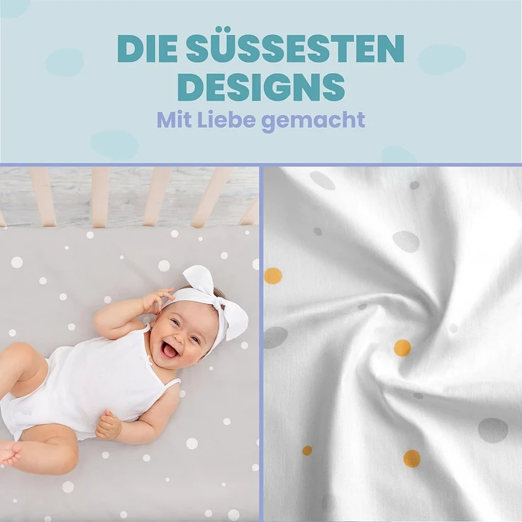 2X Spannbettlaken aus 100% Baumwolle mit Gummiband - 1X Matratzenschoner aus 100% wasserdichtem Material - 3er-Set - 55x90 cm - Grau – Bild 6