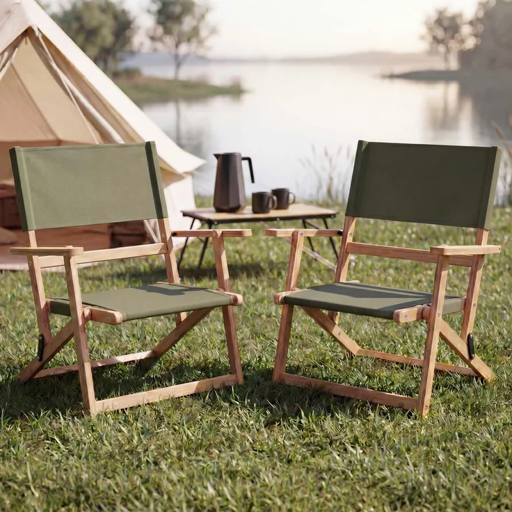 2er-Set Bambus Campingstuhl HWC-Q42, Gartenstuhl Balkonstuhl Freizeitstuhl klappbar Outdoor Stoff/Textil ~ grün – Bild 1