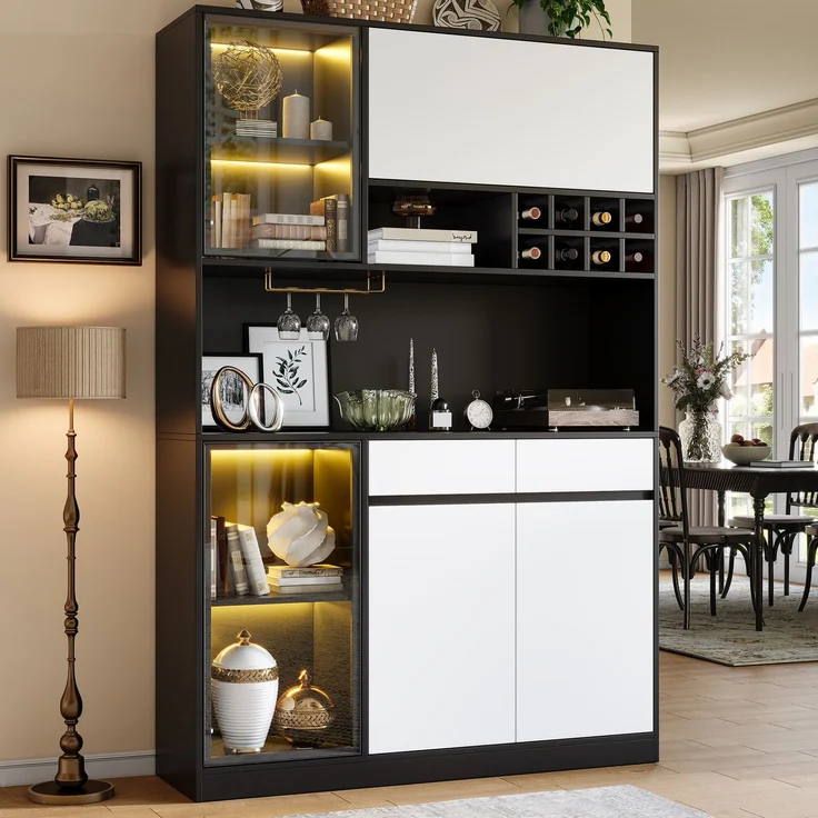 Mehrzweck Hochschrank mit LED Beleuchtung, Vitrine, Sideboard Schrank, Aufbewahrungsschrank mit Türen und Schubladen, modernes Wohnzimmerschrank Möbel für Küche, Esszimmer und Büro--Schwarz, Weiß--120x35x180cm--YOUDENOVA – Bild 2