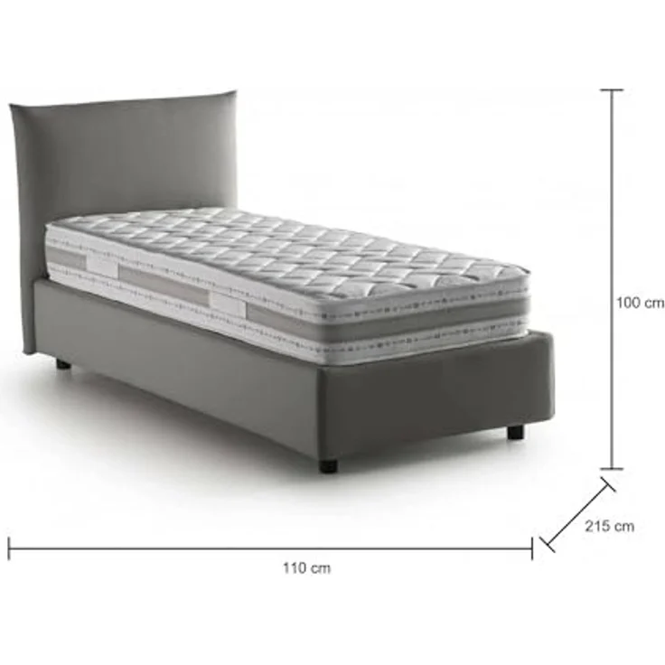 Talamo Italia - Cosetta Einzelbett, Bettkasten mit Stoffbezug, 100% Made in Italy, seitliche Öffnung, inklusive Matratze 80x190 cm, Grau – Bild 2