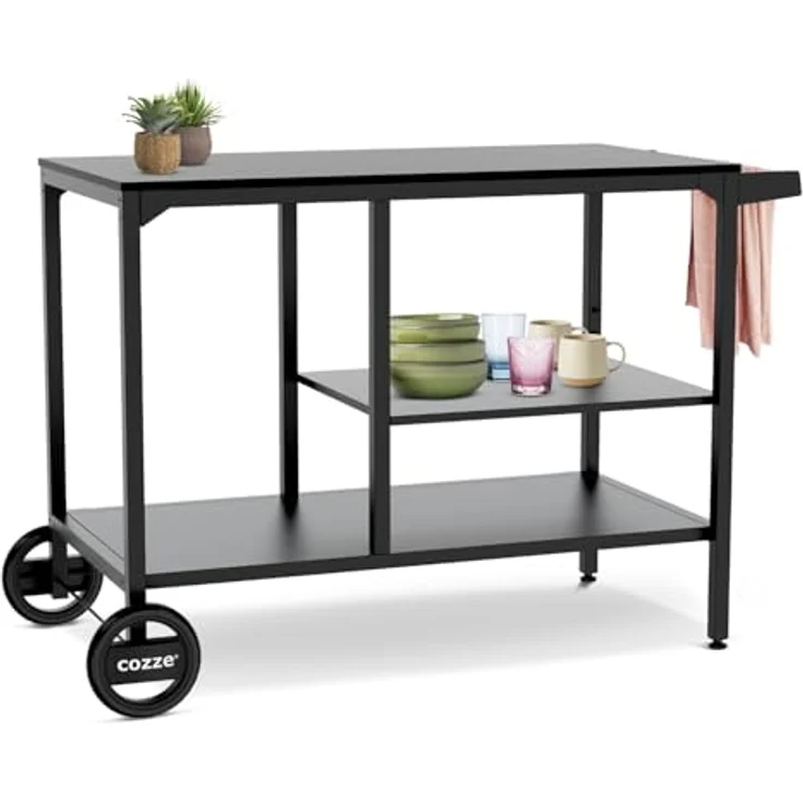 cozze BBQ Station & Outdoor Küche – Großer Grilltisch für Pizzaofen, Verstellbarer Regalboden (3 Höhen), 2 Räder, Stahl Schwarz, bis 100 kg - 90x115x60 cm – Bild 1