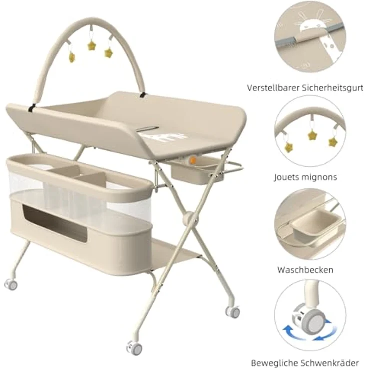 Wickelstation für Baby, Wickeltisch, faltbar, tragbar, Wickeltisch, faltbar, tragbar, mit Aufbewahrungskorb, maximale Belastung von 25 kg,75 x 68 x 83–91 cm (Schwarz) Cremeweiß – Bild 9