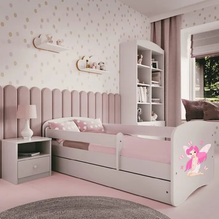 Kids Collective Kinderbett Jugendbett Kinderbett mit Rausfallschutz, Lattenrost & Schublade, 80x160 cm in weiß Mädchen Bett rosa Fee